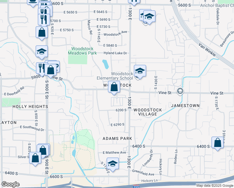 map of restaurants, bars, coffee shops, grocery stores, and more near 6129 Vine Park Drive in Murray