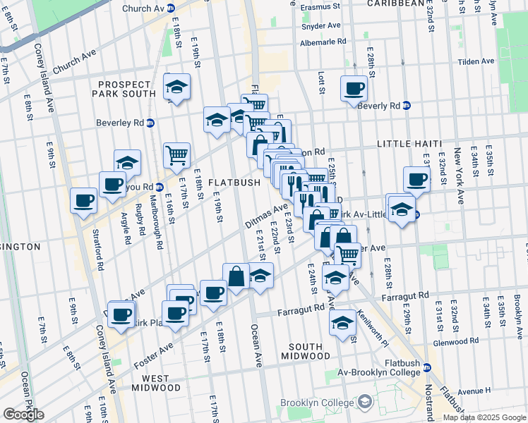map of restaurants, bars, coffee shops, grocery stores, and more near 2107 Ditmas Avenue in Brooklyn