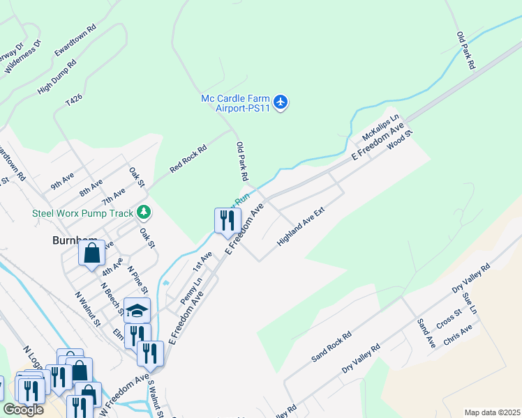 map of restaurants, bars, coffee shops, grocery stores, and more near 544 East Freedom Avenue in Burnham