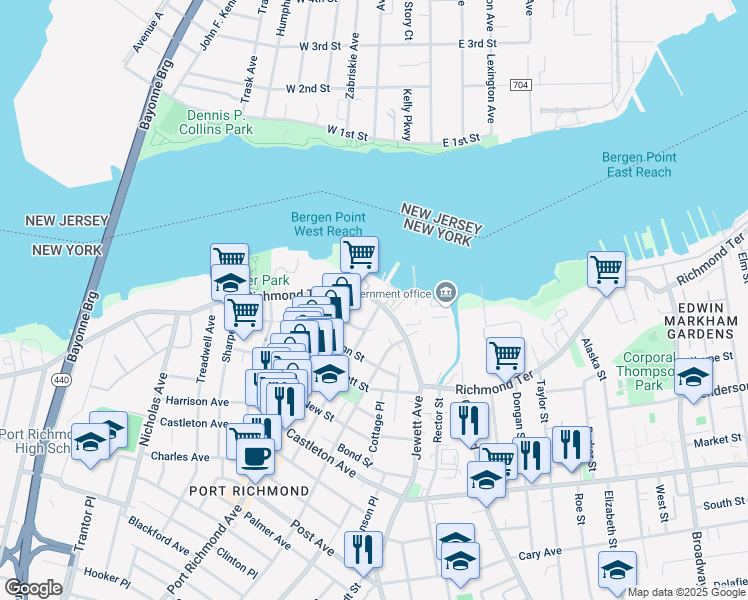 map of restaurants, bars, coffee shops, grocery stores, and more near Richmond Terrace in Staten Island
