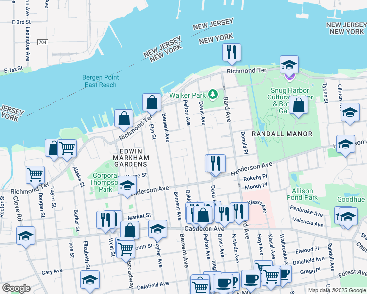 map of restaurants, bars, coffee shops, grocery stores, and more near 168 Bement Court in Staten Island