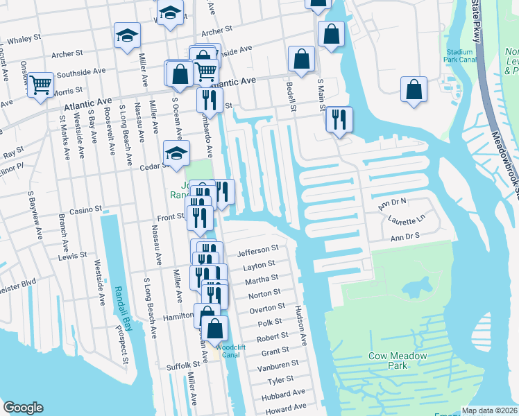 map of restaurants, bars, coffee shops, grocery stores, and more near 23 Wilshire Court in Freeport