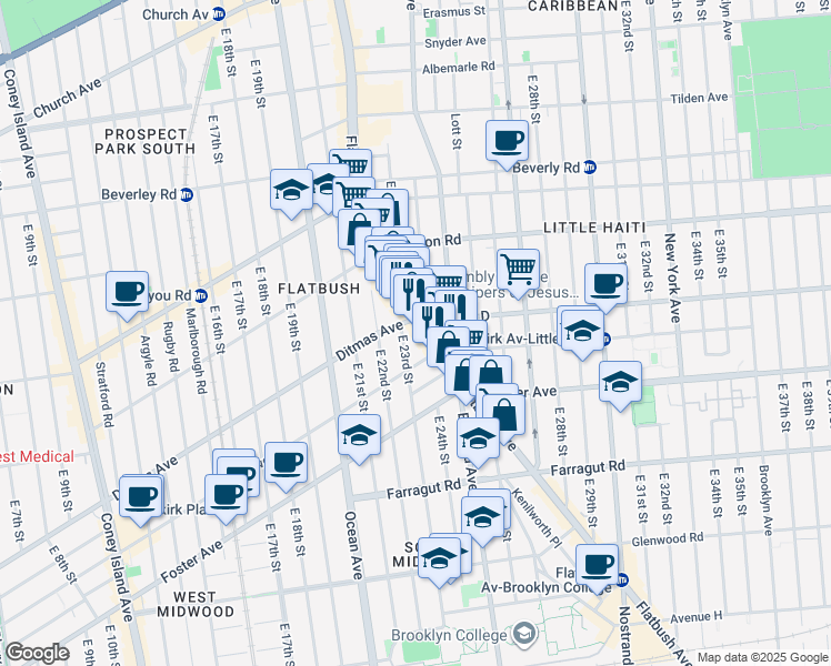 map of restaurants, bars, coffee shops, grocery stores, and more near 435 East 23rd Street in Brooklyn