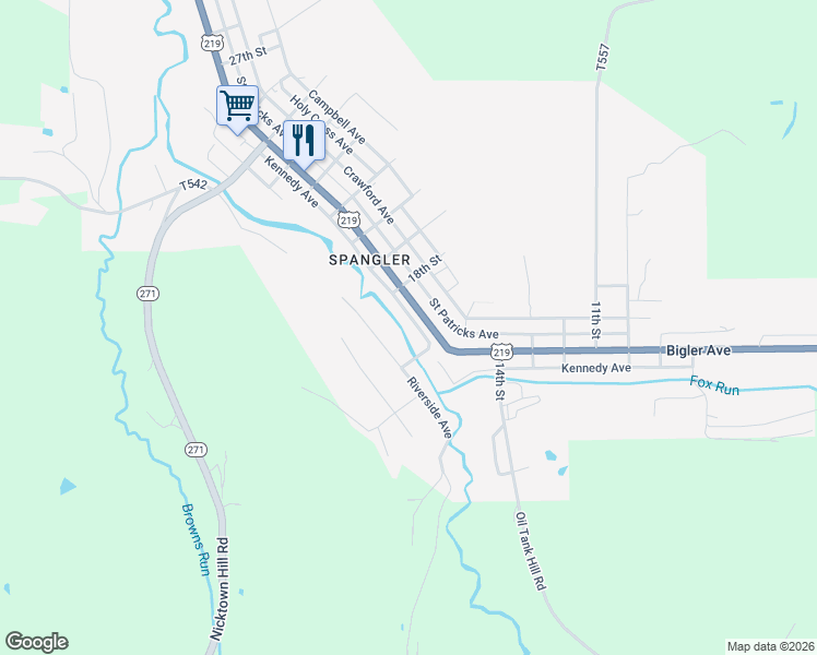 map of restaurants, bars, coffee shops, grocery stores, and more near 1700 Kennedy Ave in Spangler