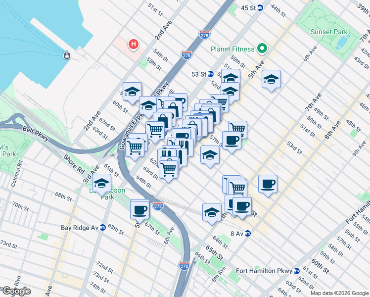 map of restaurants, bars, coffee shops, grocery stores, and more near in Brooklyn