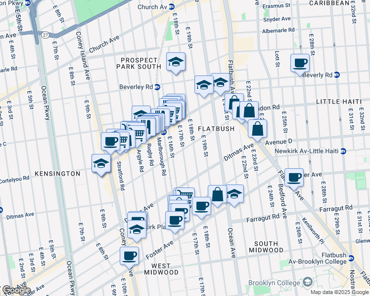 map of restaurants, bars, coffee shops, grocery stores, and more near 465 East 17th Street in Brooklyn