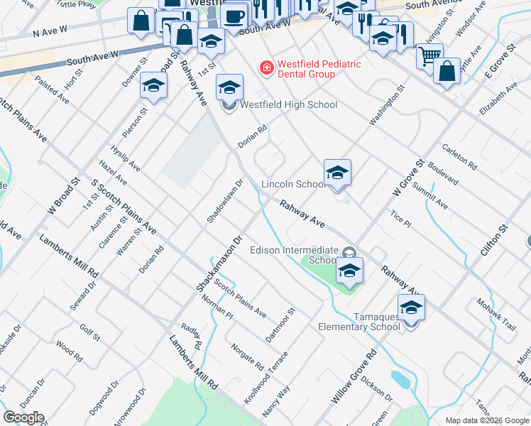 map of restaurants, bars, coffee shops, grocery stores, and more near 641 Shackamaxon Drive in Westfield