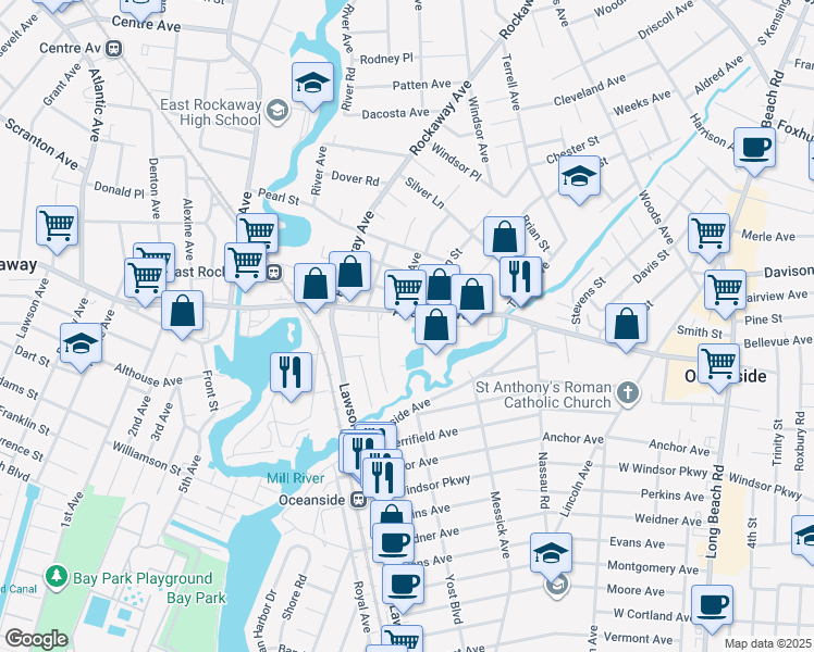map of restaurants, bars, coffee shops, grocery stores, and more near 465 Atlantic Avenue in Oceanside