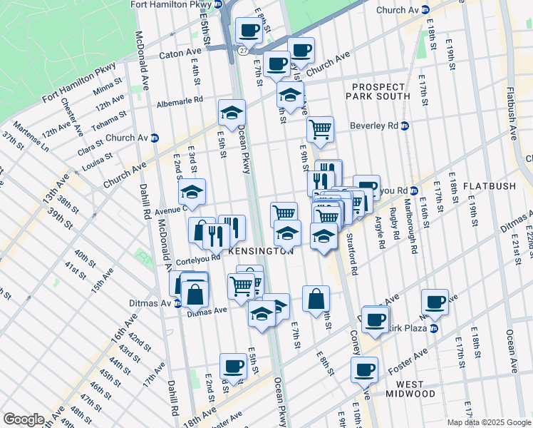 map of restaurants, bars, coffee shops, grocery stores, and more near 363 Ocean Parkway in Brooklyn