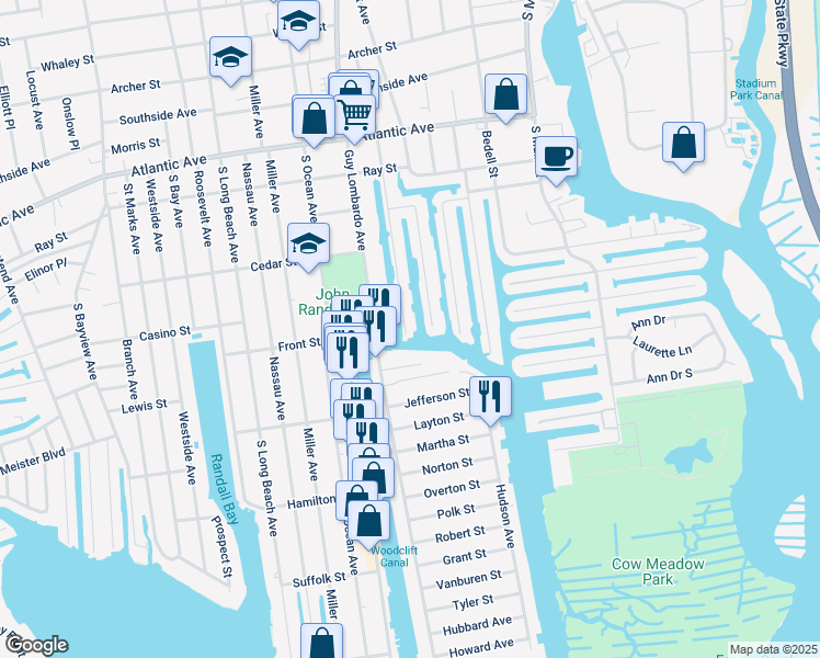 map of restaurants, bars, coffee shops, grocery stores, and more near 245 Sportsmans Avenue in Freeport