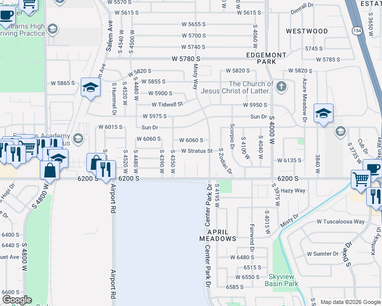 map of restaurants, bars, coffee shops, grocery stores, and more near 6144 South Cirrus Circle in Salt Lake City