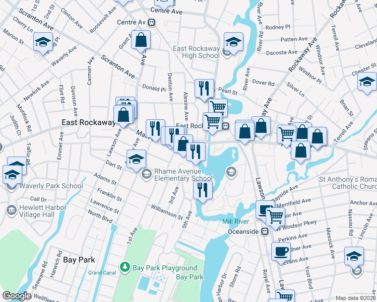 map of restaurants, bars, coffee shops, grocery stores, and more near 3 Main Street in East Rockaway
