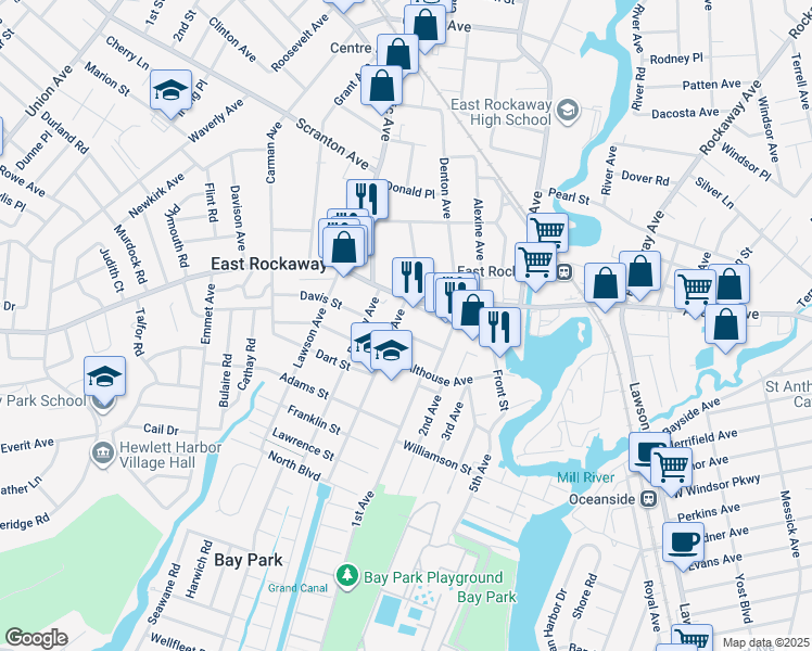 map of restaurants, bars, coffee shops, grocery stores, and more near 39 Alice Court in East Rockaway