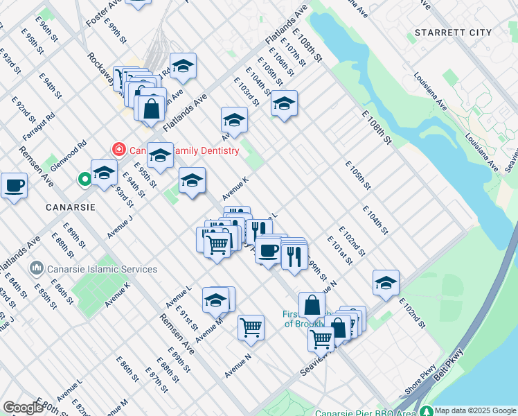 map of restaurants, bars, coffee shops, grocery stores, and more near 1367 East 98th Street in Brooklyn