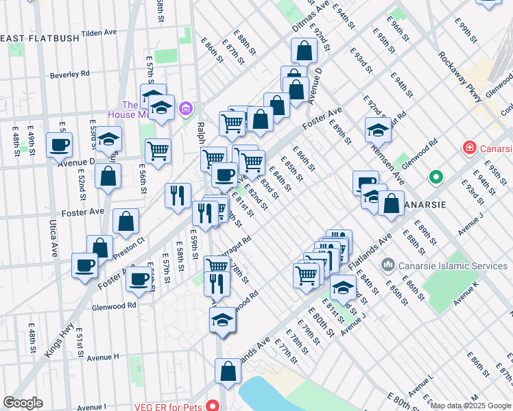 map of restaurants, bars, coffee shops, grocery stores, and more near 574 East 81st Street in Brooklyn