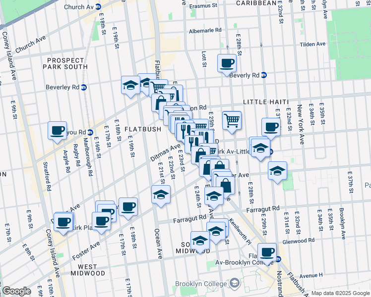 map of restaurants, bars, coffee shops, grocery stores, and more near 435 East 23rd Street in Brooklyn