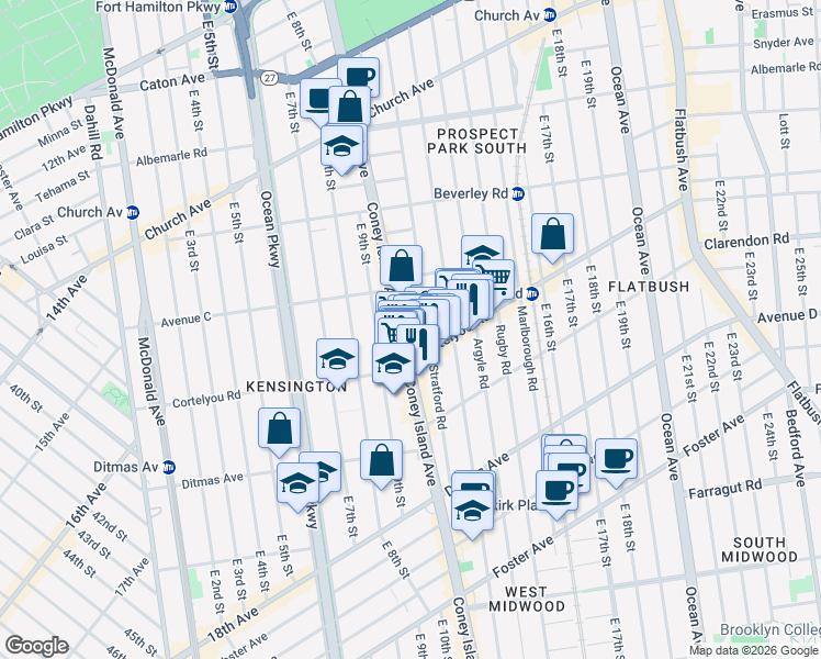 map of restaurants, bars, coffee shops, grocery stores, and more near 1022 Cortelyou Road in Brooklyn