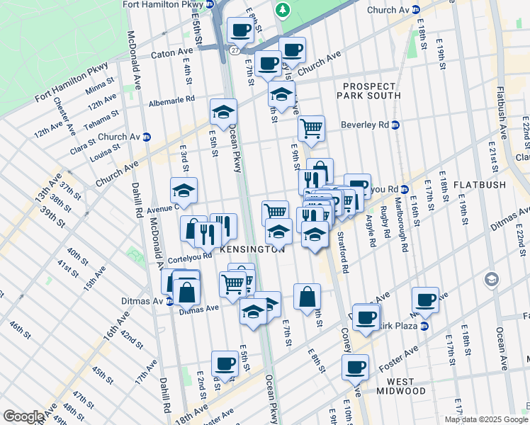 map of restaurants, bars, coffee shops, grocery stores, and more near 387 Ocean Parkway in Brooklyn