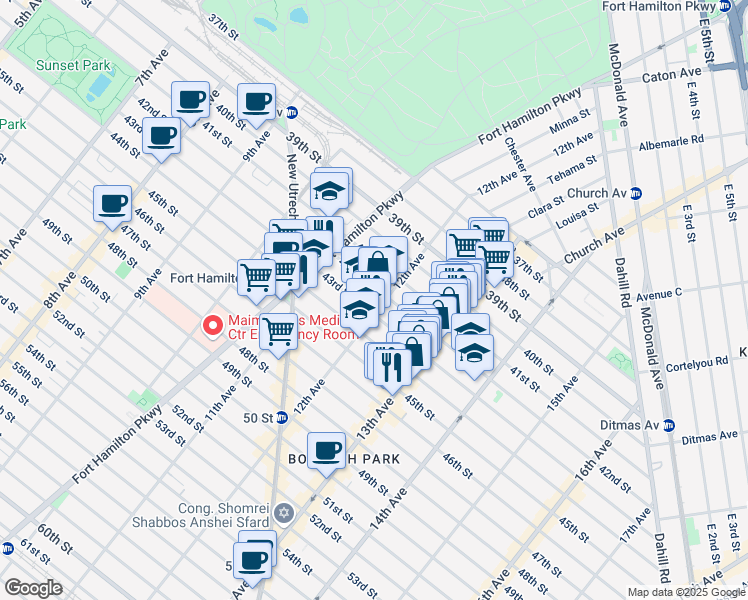 map of restaurants, bars, coffee shops, grocery stores, and more near 1212 43rd Street in Brooklyn