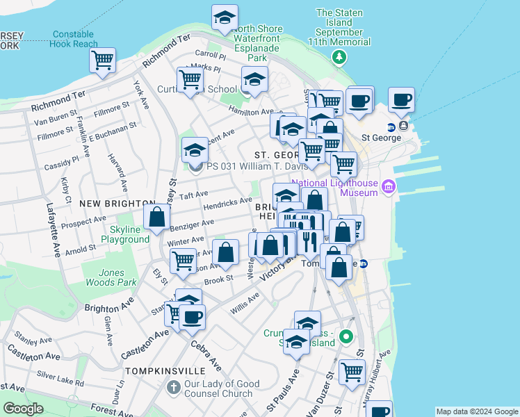 map of restaurants, bars, coffee shops, grocery stores, and more near 354 Westervelt Avenue in Staten Island