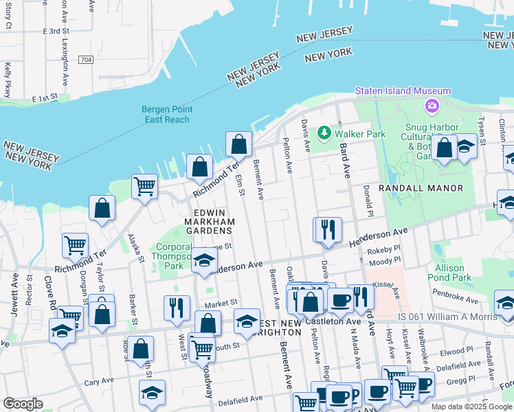 map of restaurants, bars, coffee shops, grocery stores, and more near 122 Bement Avenue in Staten Island