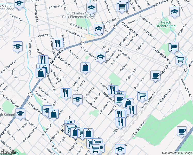 map of restaurants, bars, coffee shops, grocery stores, and more near 806 Roselle Street in Linden