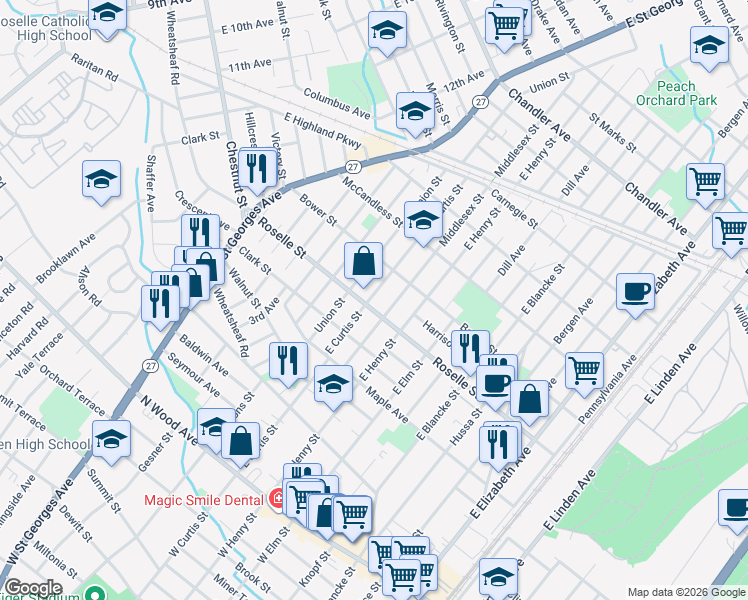 map of restaurants, bars, coffee shops, grocery stores, and more near 552 East Curtis Street in Linden