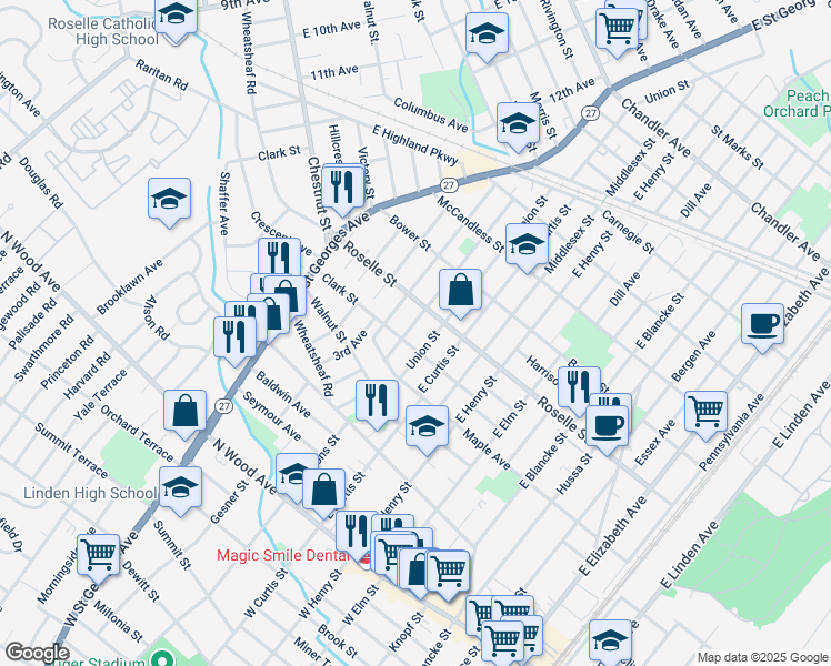 map of restaurants, bars, coffee shops, grocery stores, and more near 715 Clark Street in Linden