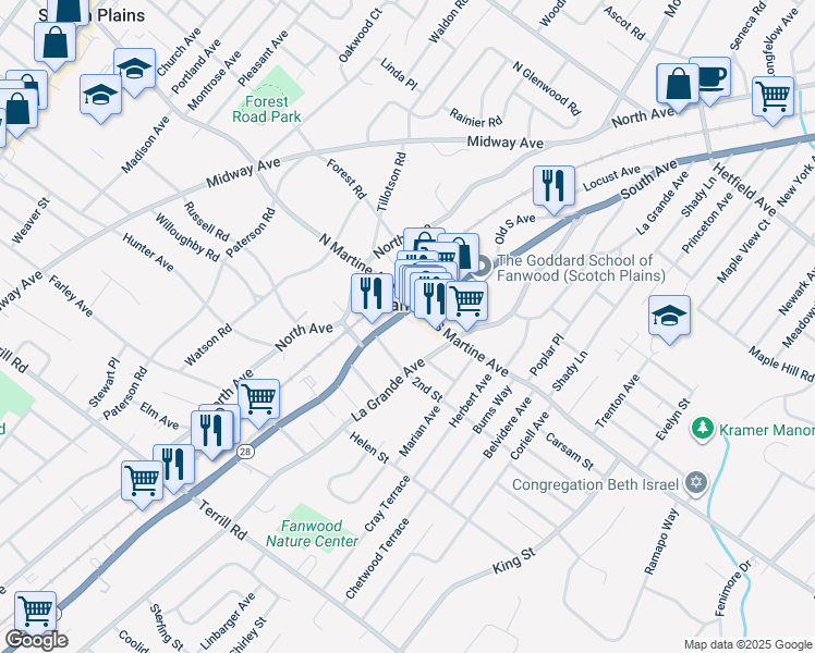 map of restaurants, bars, coffee shops, grocery stores, and more near 233 La Grande Avenue in Fanwood
