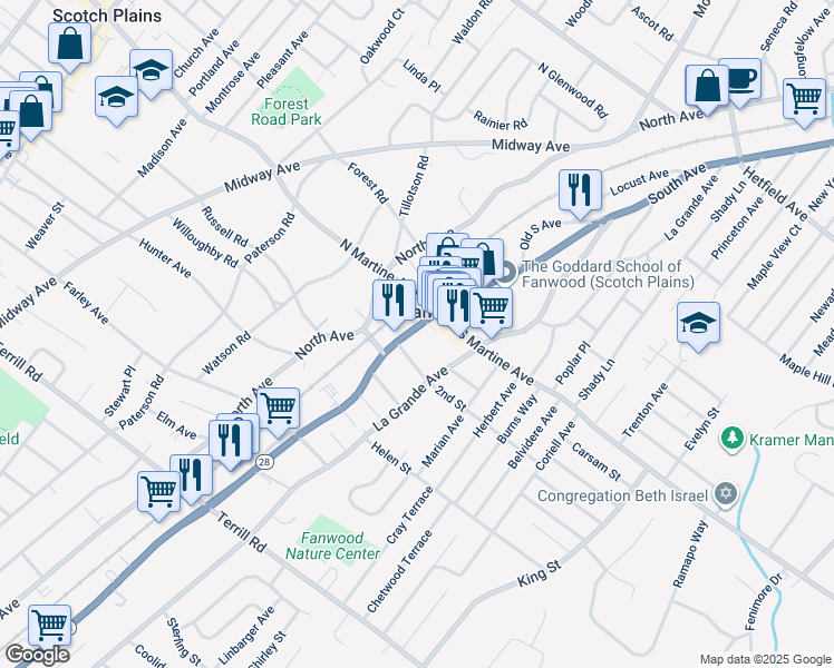map of restaurants, bars, coffee shops, grocery stores, and more near 32 2nd Street in Fanwood