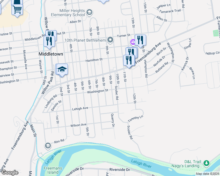 map of restaurants, bars, coffee shops, grocery stores, and more near 1642 8th Street in Bethlehem