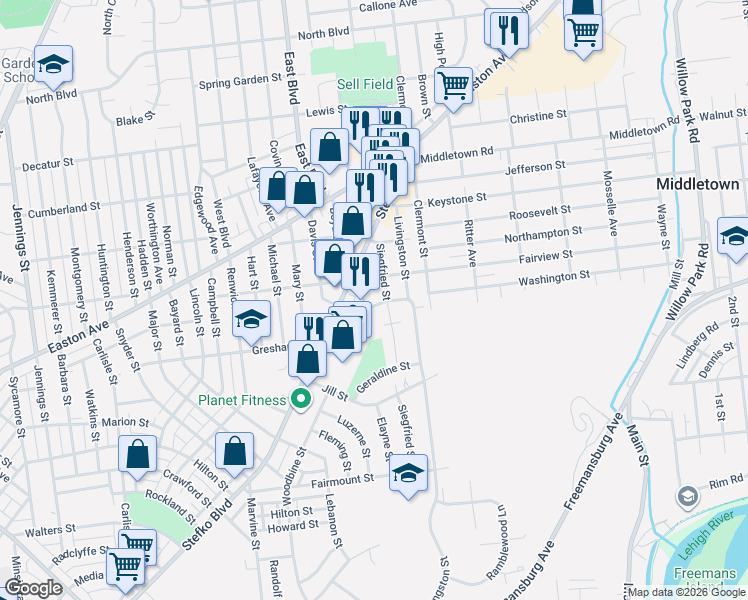 map of restaurants, bars, coffee shops, grocery stores, and more near 1880 Stefko Boulevard in Bethlehem