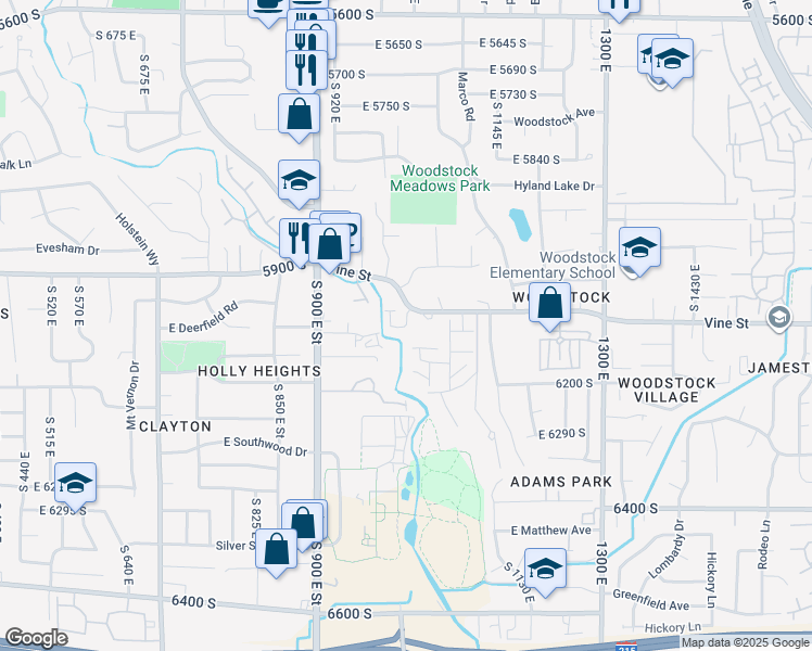 map of restaurants, bars, coffee shops, grocery stores, and more near 6170 Vine Bend Lane in Salt Lake City