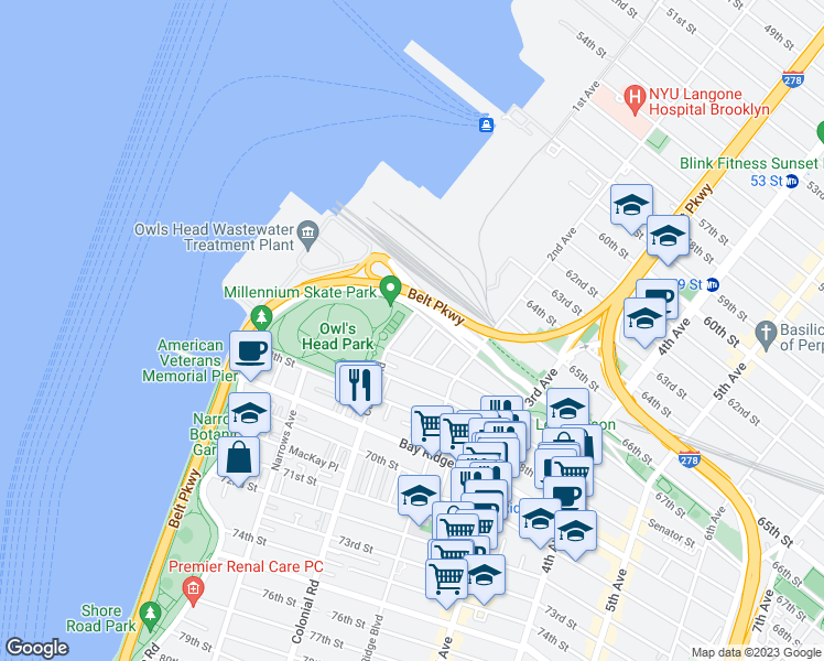 map of restaurants, bars, coffee shops, grocery stores, and more near 6651 Colonial Road in Brooklyn