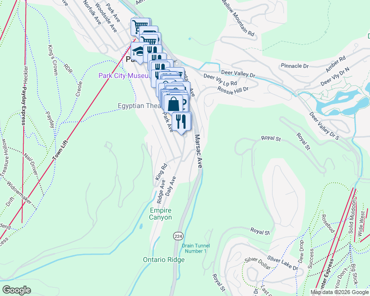 map of restaurants, bars, coffee shops, grocery stores, and more near 150 Main Street in Park City