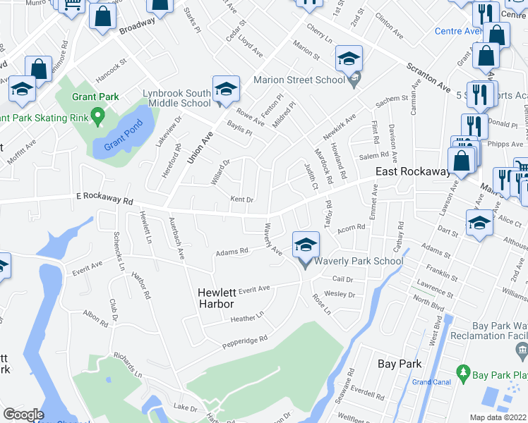 map of restaurants, bars, coffee shops, grocery stores, and more near 277 Waverly Avenue in East Rockaway