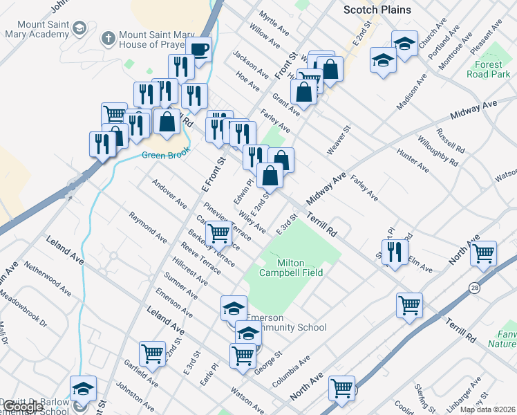 map of restaurants, bars, coffee shops, grocery stores, and more near 1418-20 East 2nd Street in Plainfield