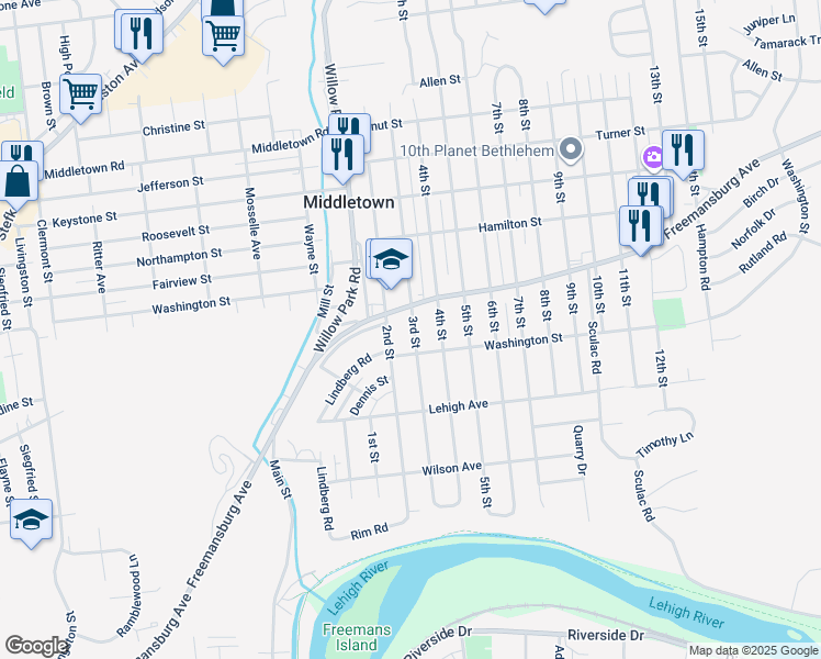 map of restaurants, bars, coffee shops, grocery stores, and more near 1725 3rd Street in Bethlehem
