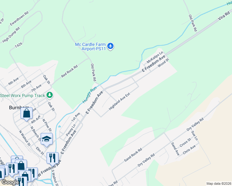 map of restaurants, bars, coffee shops, grocery stores, and more near 600-702 Highland Ave in Burnham