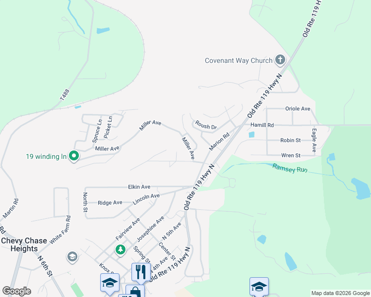 map of restaurants, bars, coffee shops, grocery stores, and more near 135 Sunset Drive in Indiana