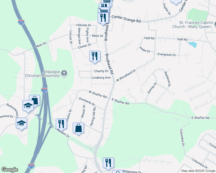 map of restaurants, bars, coffee shops, grocery stores, and more near 106 West Shaffer Road in Aliquippa