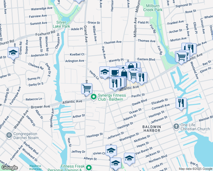 map of restaurants, bars, coffee shops, grocery stores, and more near 860 Church Street in Baldwin