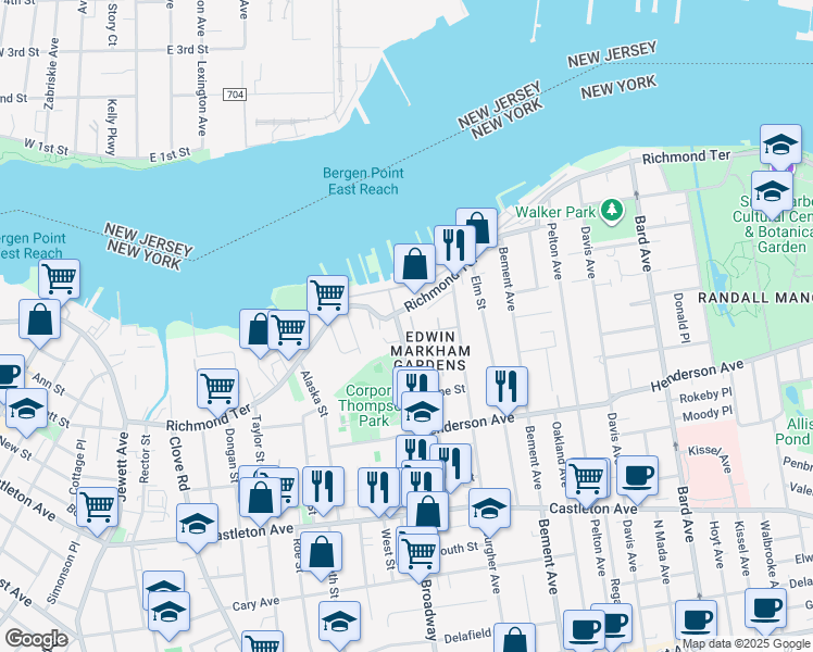 map of restaurants, bars, coffee shops, grocery stores, and more near 45 Broadway in Staten Island