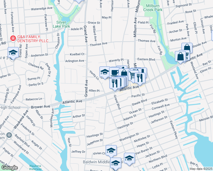 map of restaurants, bars, coffee shops, grocery stores, and more near 860 Church Street in Baldwin
