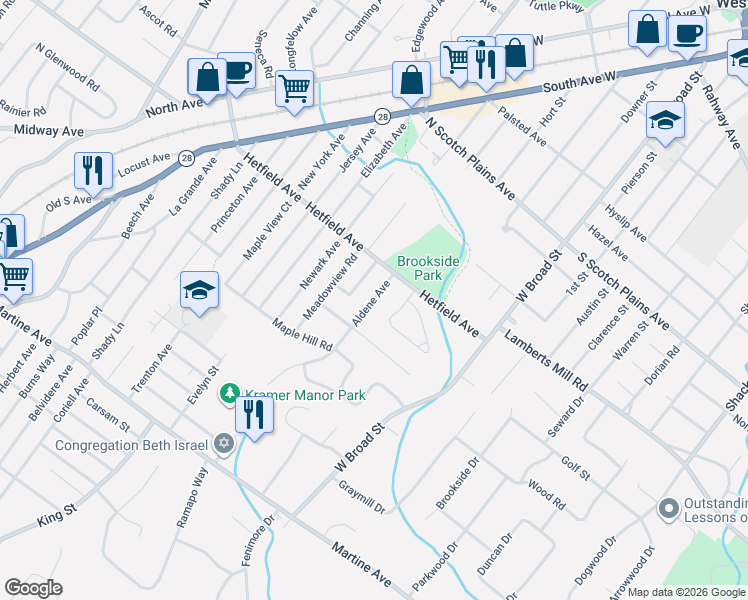 map of restaurants, bars, coffee shops, grocery stores, and more near 2082 Hill Top Road in Scotch Plains
