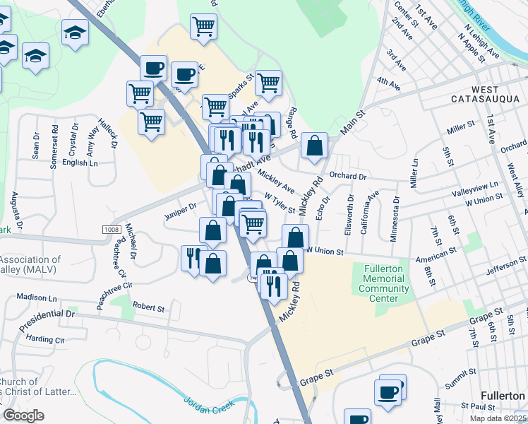map of restaurants, bars, coffee shops, grocery stores, and more near 1227 Hampshire Circle in Fullerton