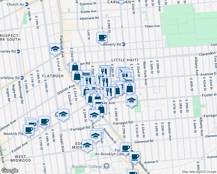 map of restaurants, bars, coffee shops, grocery stores, and more near 1242 Rogers Avenue in Brooklyn