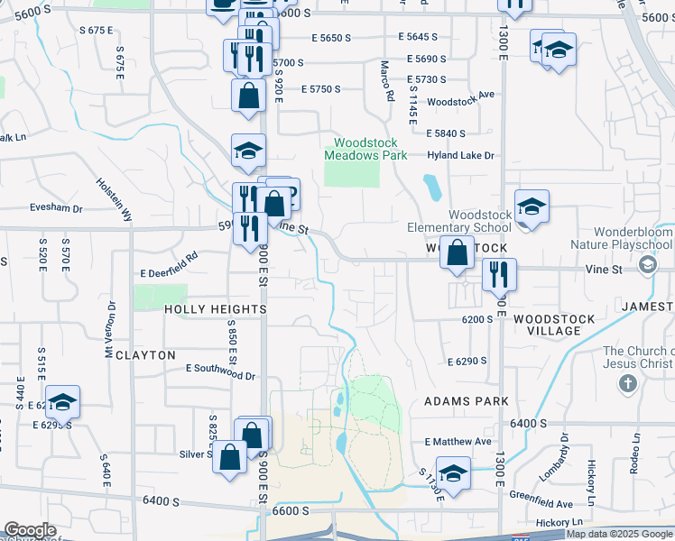 map of restaurants, bars, coffee shops, grocery stores, and more near 6158 Vine Bend Lane in Salt Lake City