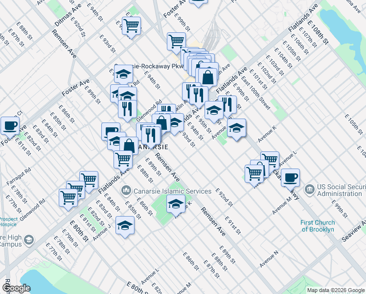 map of restaurants, bars, coffee shops, grocery stores, and more near 1229 East 91st Street in Brooklyn