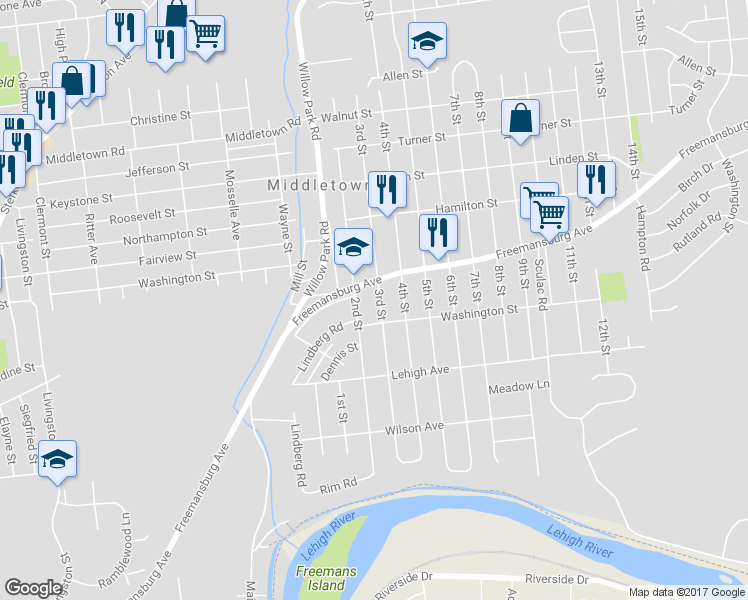 map of restaurants, bars, coffee shops, grocery stores, and more near 1725 3rd Street in Bethlehem